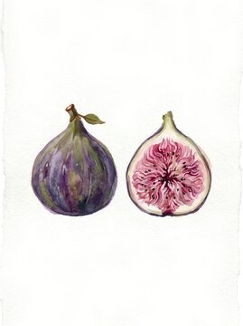 Watercolor illustration of whole and halved fresh figs