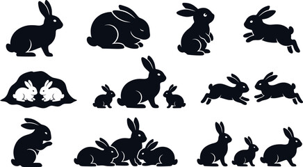 Collection of various rabbit silhouettes in different poses and sizes on white background © SAYEDAJANNATUL