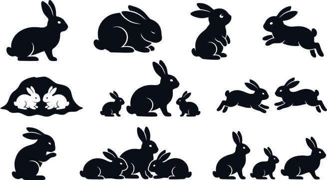Collection of various rabbit silhouettes in different poses and sizes on white background