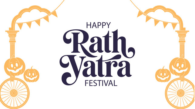 Happy Rath Yatra Festival Celebration Banner Featuring Traditional Chariot Wheels, Decorative Festive Elements, Cultural Heritage and Spiritual Event Design