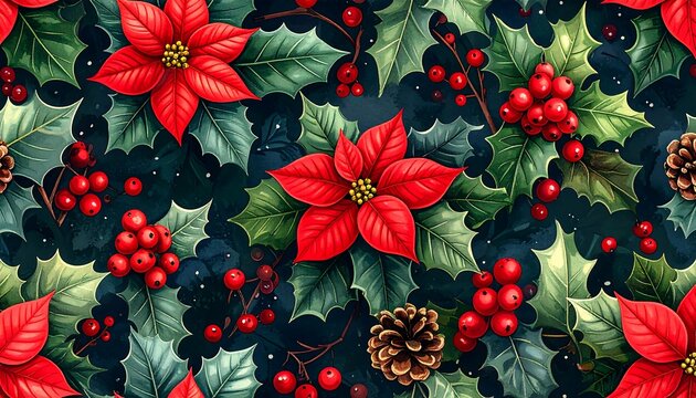A festive, seamless pattern of red flowers, green leaves, and berries on a dark background