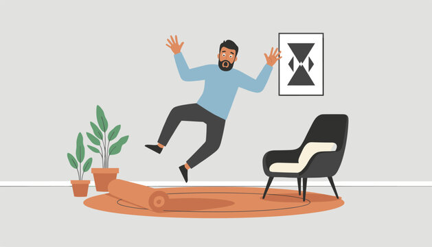 Man experiencing an accidental fall by tripping over a rolled rug in his modern living room in a flat design style.