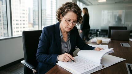 Naklejka premium Middle aged female executive with curly hair wearing glasses checking business document at desk in bright corporate office.