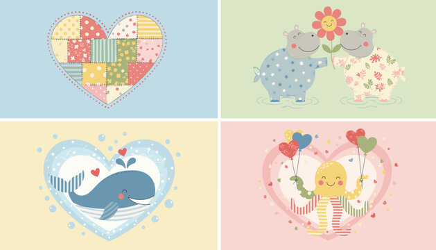 Collection of adorable children's illustrations featuring a patchwork heart, loving hippos, a smiling whale, and a cheerful octopus with balloons.