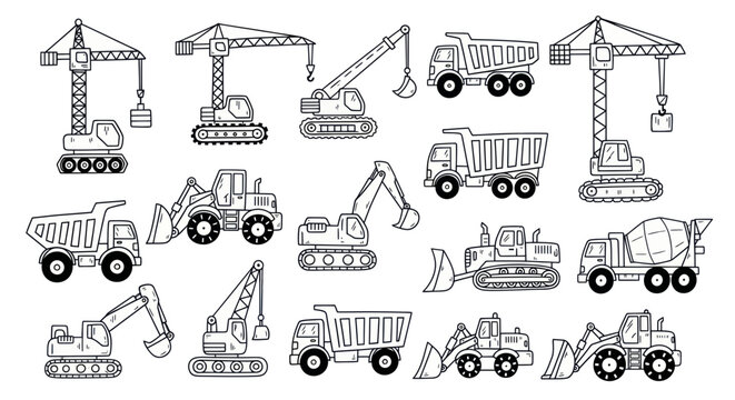 Heavy machinery and construction vehicles hand drawn outline set