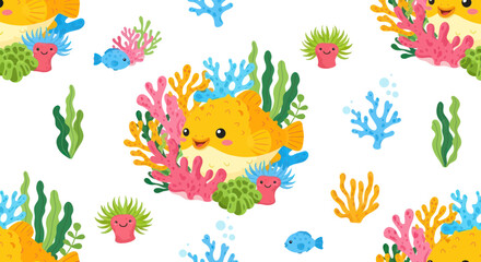 Cute pufferfish and colorful coral reef seamless pattern © tira