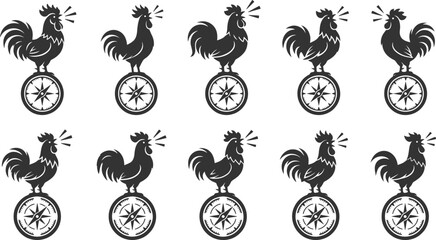 Collection of nine rooster character illustrations standing on compass icons for navigation themed graphic design © Vecto_Pixels