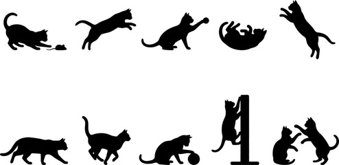 Set of black cat silhouettes in various playful poses and movements on white background © SAYEDAJANNATUL