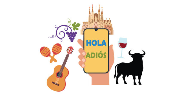 Spanish language learning concept featuring a smartphone displaying basic greetings surrounded by traditional cultural symbols.