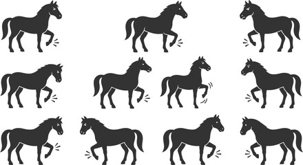Fototapeta premium Set of silhouettes of horses standing and stomping hooves in flat vector style for equestrian design elements