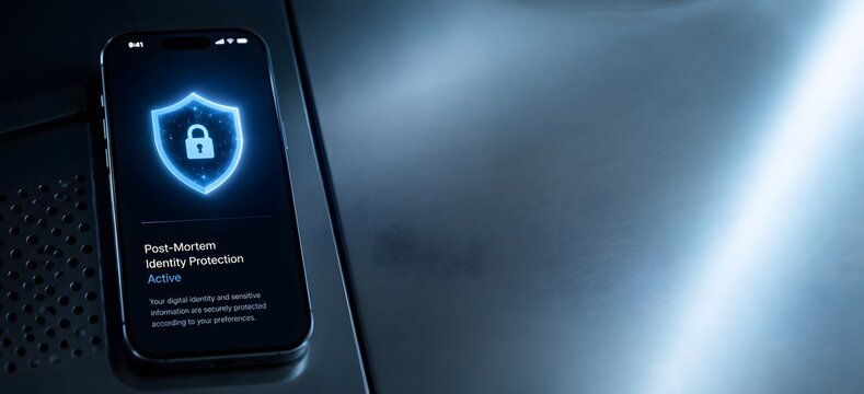 Smartphone displaying post mortem identity protection app interface on dark metallic surface
