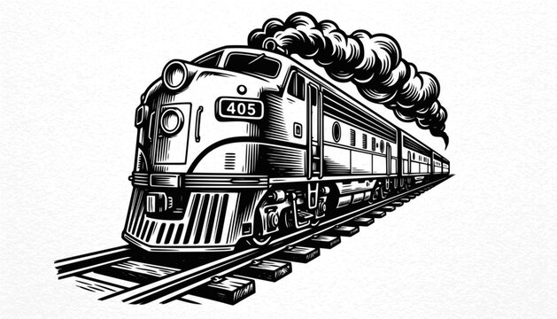 Vintage steam locomotive train moving on tracks illustration with locomotive
