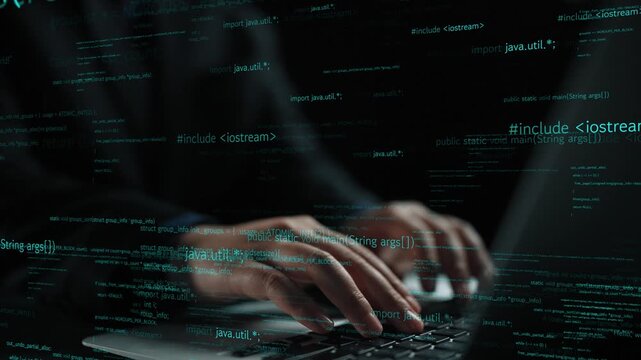 A close-up view of hands typing on a laptop amidst glowing coding data and programming elements, representing the fast-paced world of technology and software development. Xenic