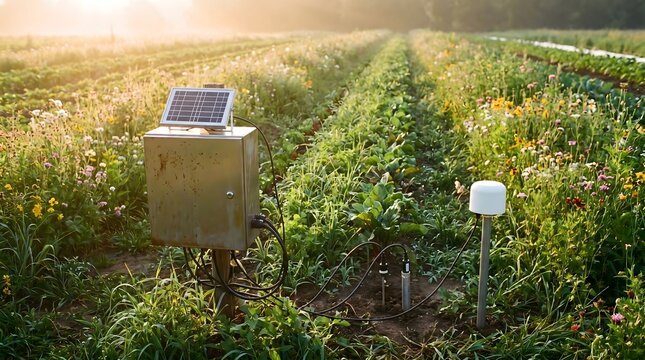 Smart Farming Technology in a Field at Sunrise: Solar-powered sensors and data loggers are integrated into a cultivated field of crops.