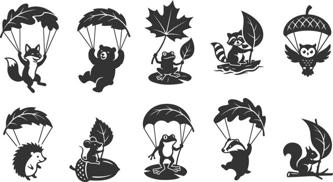 Collection of cute cartoon animals using large forest leaves as parachutes while descending from the sky above trees