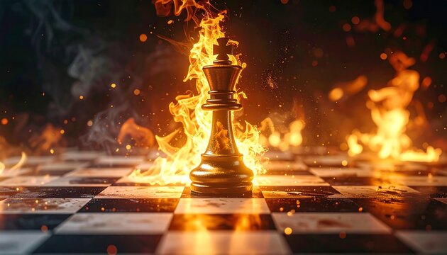 A flaming chess piece stands on a burning board
