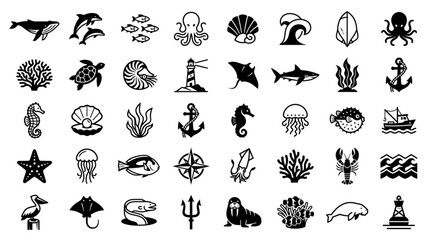 Collection of Marine Life and Nautical Icons. © su