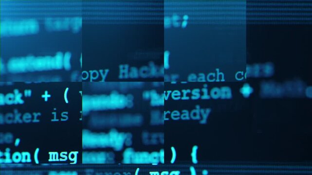 Close up of computer screen with blue programming code, glitch distortion and digital noise, futuristic hacker background, system error, data corruption and cybersecurity concept. Software hack