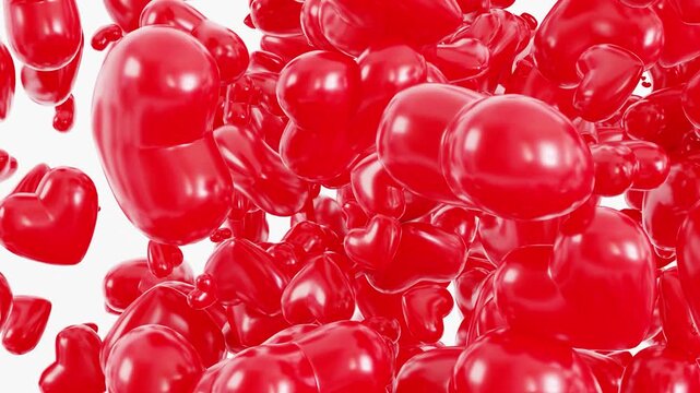 A 3D animation shows many red hearts floating and moving in a playful way. The hearts vary in size and angle, creating a lively pattern. The motion keeps changing, adding interest
