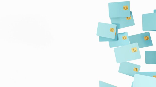 Blue credit cards are falling from above in a computer-generated animation. The motion graphic displays the cards as they descend against a white background, creating a lively effect
