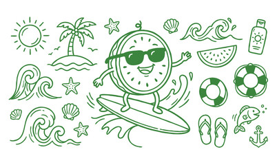 Fototapeta premium Vector doodle set of cute watermelon mascots enjoying summer vacation in red line art.