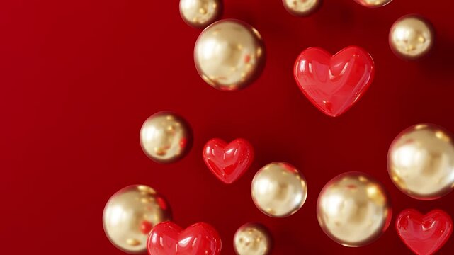 The hearts and golden spheres move smoothly in 3D space. This animation highlights the shapes and colors on a red background. It is a short visual display of objects in motion