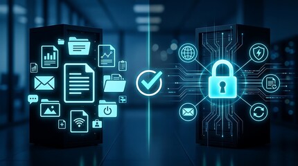 Fototapeta premium Secure data transfer between servers with lock and