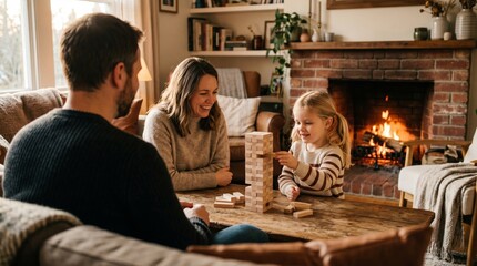 Obraz premium A family enjoys a board game by the fireplace in a cozy living room. The concept highlights family bonding, home leisure, and warm atmosphere, ideal for lifestyle content. Generative AI.