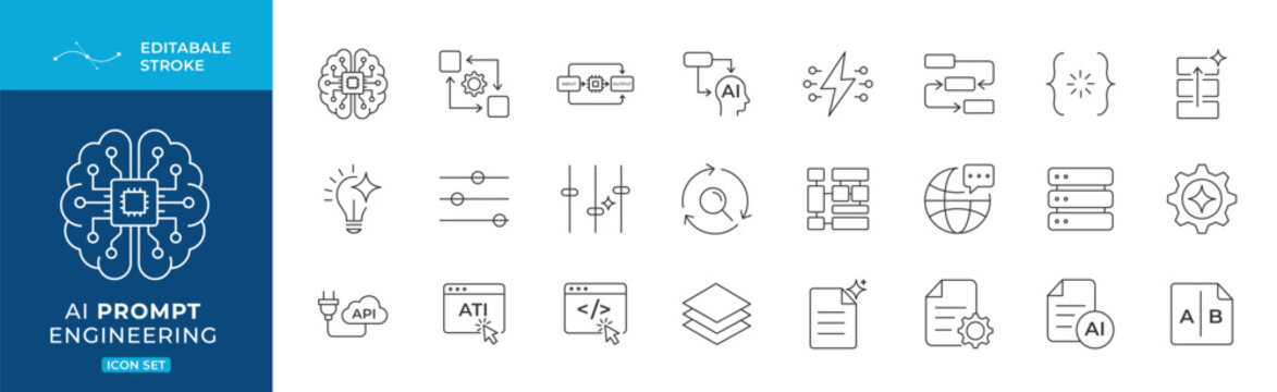 Prompt Engineering Vector Icons, Minimal outline editable stroke set for AI prompting automation workflows LLM tools and modern dashboard UI