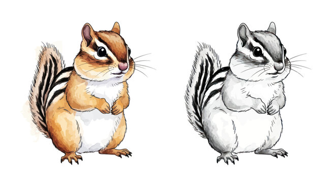 Chipmunk characters in color and grayscale standing side by side