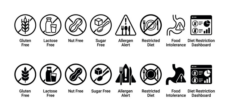 Food allergy and dietary restriction line icons with gluten free, lactose free, nut free, sugar free, allergen alert, and food intolerance symbols