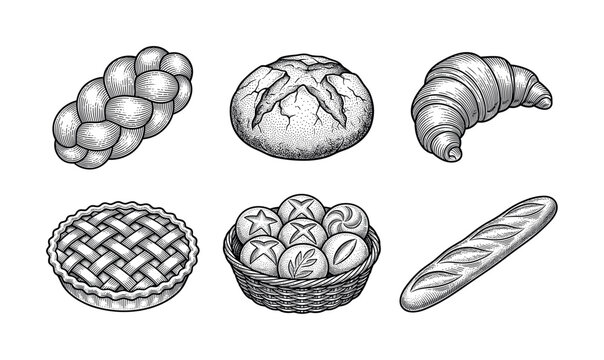 Bakery bread and pastry outline icon set with baguette croissant sourdough and pie