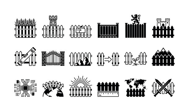 Fence and property boundary glyph icon set for security, construction, and garden protection