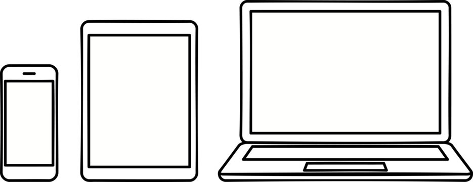 Device Mockup with Phone Tablet and Laptop. Responsive blank screens in a line vector mockup for web design presentation and cross device UI showcase.