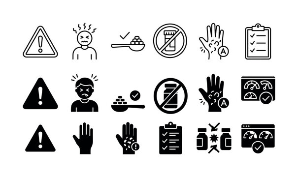 Allergy and drug interaction line icons with medical warning, skin rash, headache, and medicine dosage