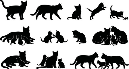 Set of black cat silhouettes in various poses and sizes together © SAYEDAJANNATUL
