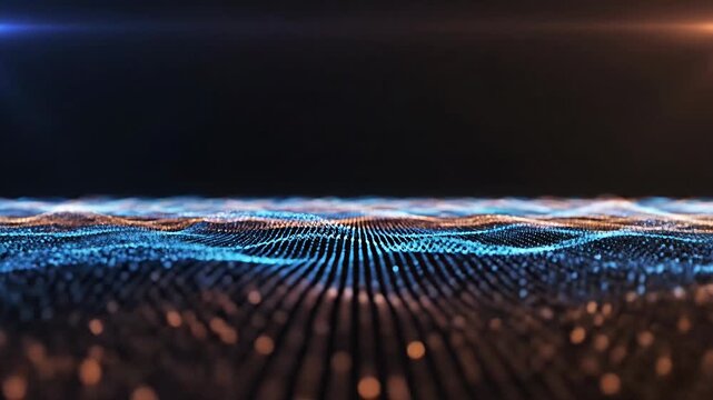 Abstract digital wave of orange and blue particles.