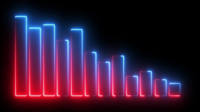 Neon line Business bar chart with downward arrow and declining. Symbolizing revenue drop, financial loss, negative growth, market downturn, and decrease.