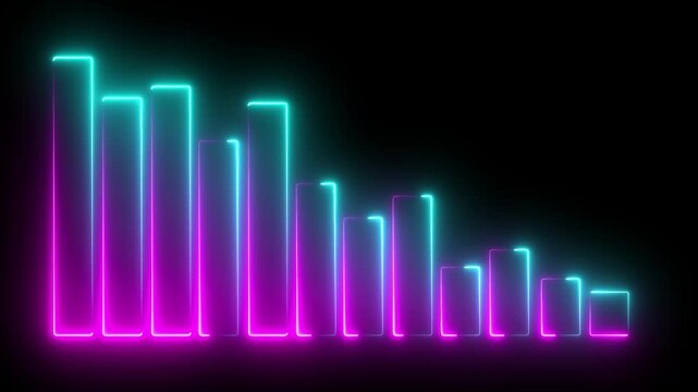 Neon line Business bar chart with downward arrow and declining. Symbolizing revenue drop, financial loss, negative growth, market downturn, and decrease.