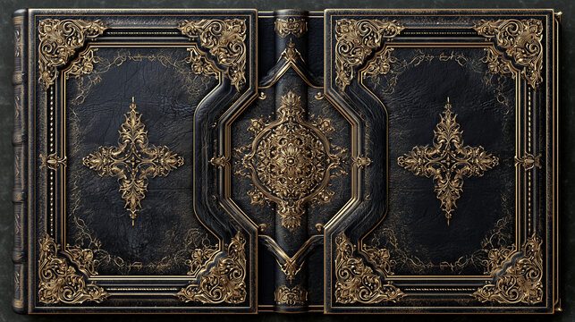 Vintage book cover with ornate gold frame and classic baroque patterns on elegant background. Perfect for library designs, certificates, and decorative templates with antique style.