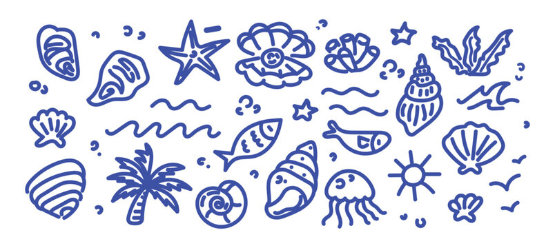 Summer sea shell, sun, fish, ocean, coastal hand drawn naive doodle elements vector illustration collection. Palm, algae, seaweed, coral, starfish and wave nautical design elements.
