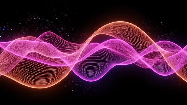 Abstract purple and orange flowing light lines background.