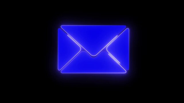 Bright blue neon mail envelope icon glowing on a dark black background representing digital communication and electronic messaging technology for modern web and mobile app interface design concepts