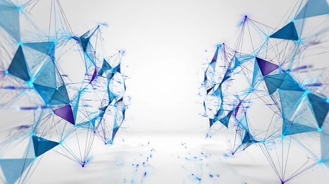 Blue abstract geometric plexus structures on white background.