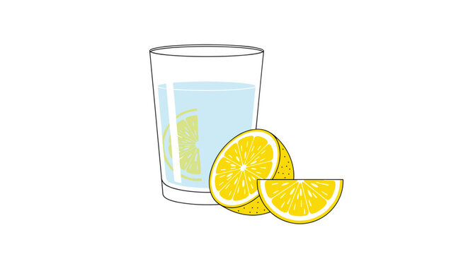 Refreshing glass of water with lemon slices and wedges on a white background