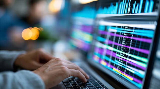 Close-up of an anonymous QA engineer's screen showing a test coverage matrix with color-coded module risk assessment, software quality engineering concept, faceless, defocused,