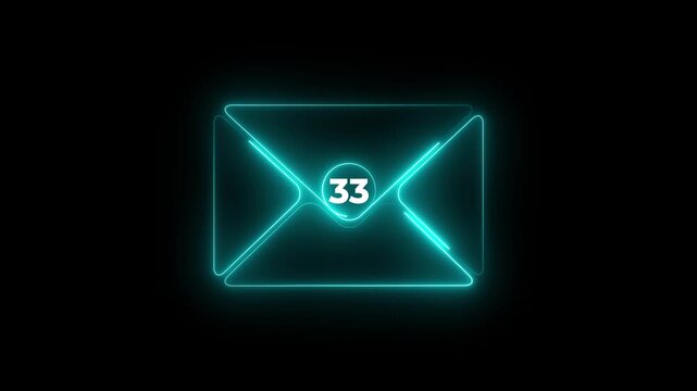 Glowing neon blue envelope icon with number sixty nine notification badge on a dark black background