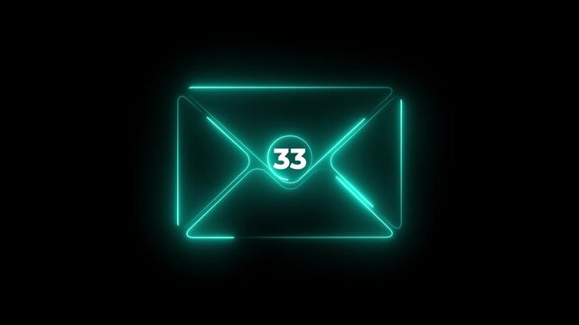 Glowing neon blue envelope icon with number sixty nine notification badge on a dark black background