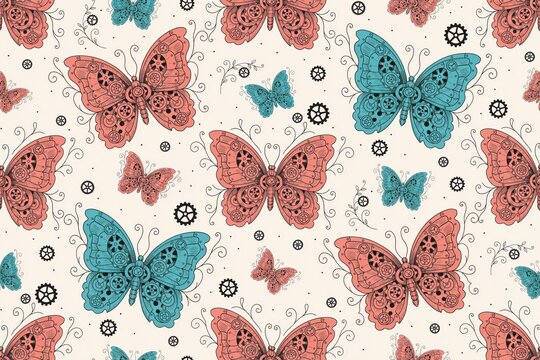 Seamless pattern with steampunk style butterflies featuring mechanical gear wings in shades of red and teal on a light beige background