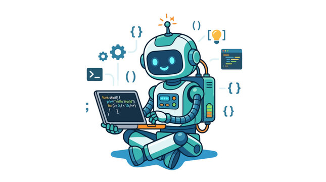 Cute robot coding on laptop, tech illustration, blue metallic robot, programming vector isolated on White Background green EPS